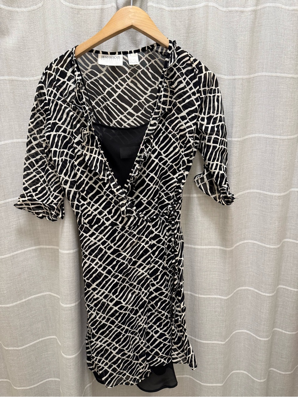 Hugo Boss Black and White Geometric Wrap Midi Dress